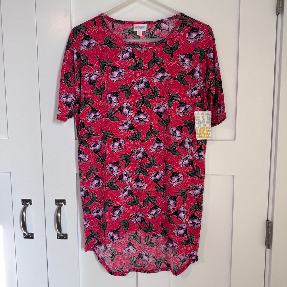 NWT LuLaRoe Irma Pink & Red Top Women's Size XXS Purple Floral Print Hi Low Hem